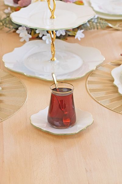 Glore Lotus Cream 12-Piece Glass Tea Set for 6 People Gold Gilded