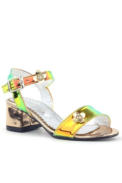hapshoe Pony Hologram Copper Green Thick Heeled Flower Detailed Girls' Evening Dress Shoes