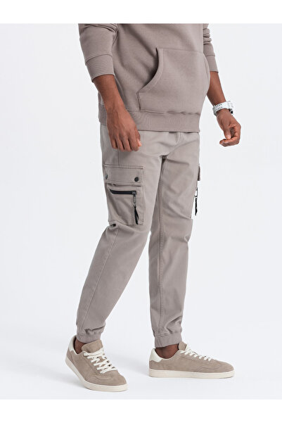OMBRE Ανδρικό παντελόνι JOGGER με τσέπες cargo με φερμουάρ - σκούρο μπεζ V2 OM-PAJO-0125 M