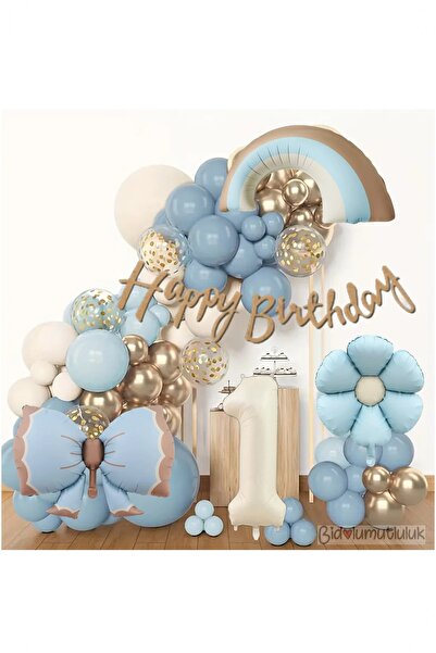 BİDOLUMUTLULUK Lüks Doğum Günü Seti Mavi Fiyonklu Retro Konsept Balon Kutlama...