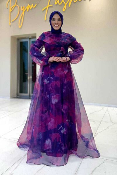 Bym Fashion Fuchsia Self Patterned Colorful Tulle Evening Dress 7047