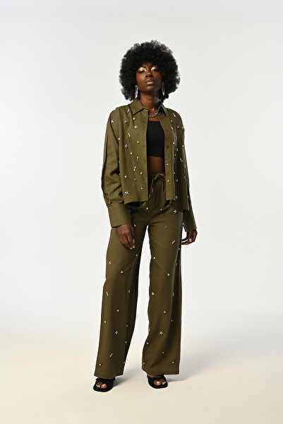 Orfeo Negro Women's Front Stone Embroidered Khaki Color Shirt