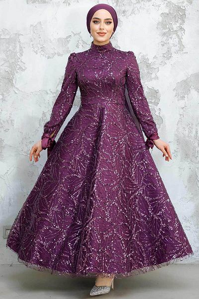Neva Style - Sequin Bead Embroidered Plum Hijab Evening Dress 4908Mu