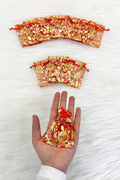 ZEYMERADE Kırmızı Güllü Kına Çerez Nişan Hediye Kesesi 100 Adet Ölçü 7x9cm, N...