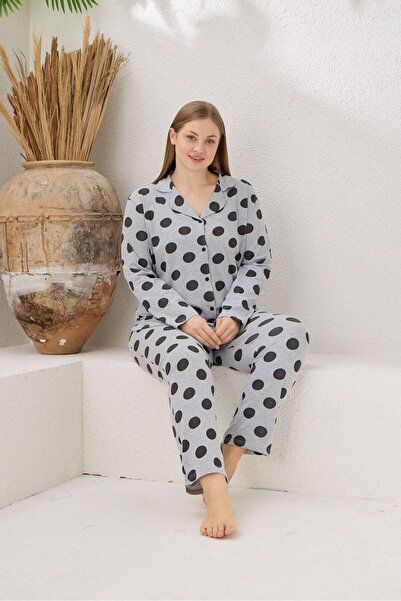 pijamacity Büyük Beden Kadın Uzun Kollu Pamuklu Önden Düğmeli Pijama Takımı