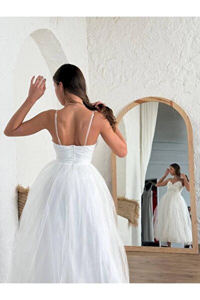 BEAUTY FASHİON Kadın Abiye İnce Asılı Kalp Yaka Fırfır Kloş Etekli Tül Midi Elbise - Abiye & Mezuniyet Elbisesi