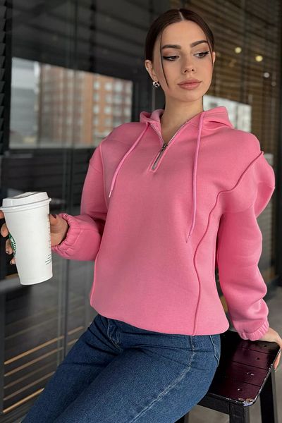 GÜLSELİ Pink Half Zip Three Thread Raster Women's Sweatshirt
