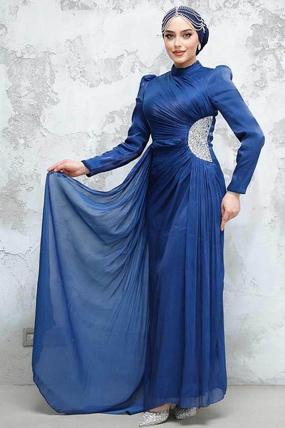 Neva Style Βραδινό φόρεμα με ντραπέ Μπλε Navy Hijab 4919l