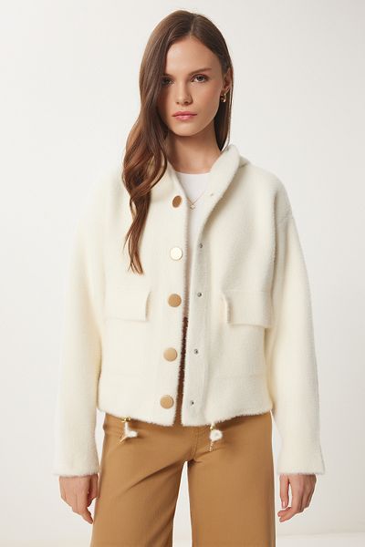 Lovelyİstanbul Hooded Soft Textured Knitted Jacket Bone Lpf0097