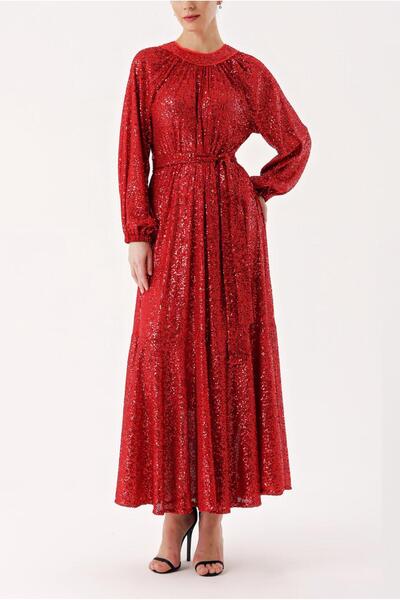 SOCIETA Kırmızı Büzgü detaylı balon kollu payetli elbise 94468