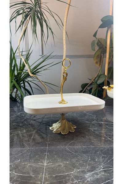 MAY HOME Porcelain Gold Metal Stand Rectangular Serving Presentation Plate