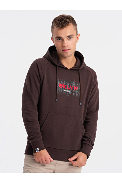 OMBRE Ανδρικό φούτερ καγκουρό κλασικό εμπριμέ - Σκούρο καφέ V2 OM-SSPS-0150 XXL