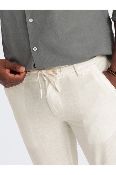 OMBRE Ανδρικό λινό παντελόνι chino roll-up - κρεμ V2 OM-PACP-0198 S