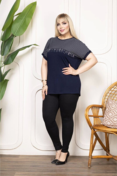 Viyamo Fashion`S Crew Neck Stone Detailed Plus Size Blouse - Black