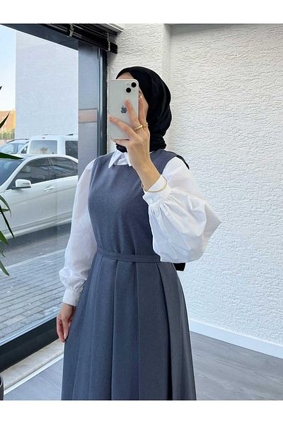 MELEK ARAZ Γκρι γυναικείο πλισέ φόρεμα Gilet