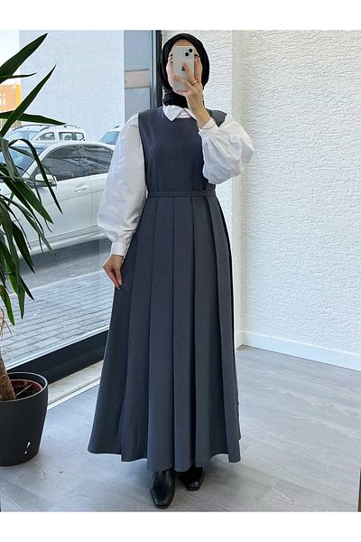 MELEK ARAZ Γκρι γυναικείο πλισέ φόρεμα Gilet