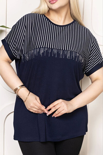 Viyamo Fashion`S Crew Neck Stone Detailed Plus Size Blouse - Black