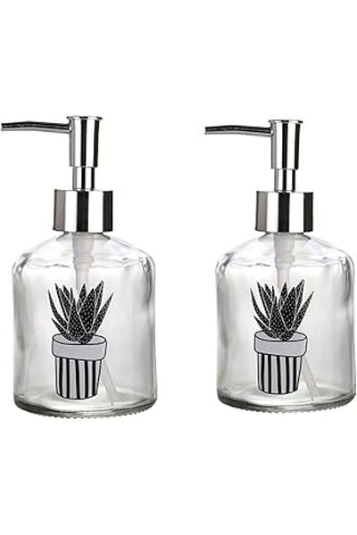Bosphorus Homi Bathroom - Liquid Soap Dispenser 2 Pieces, Cactus 1 Pattern, 300ml, 7.6X15.5Cm