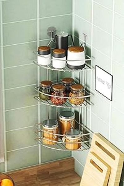 STOREMAX Kyrotech 3-Tier Metal Chrome Finish Spice Rack, Wall or Countertop Spice Rack, Corner Shelf, Angle