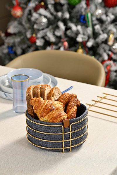 Edora Home Gold Round Bread Basket Stylish,Breadiness Blue Wicker Knitted Macrame-Multi-Purpose Metal Stainless