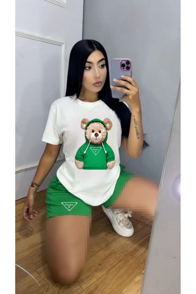 LUNAVISTA طقم تي شيرت قصير مطبوع عليه دب للجنسين