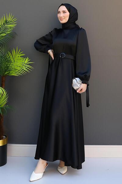 Satin Belted Dress Black