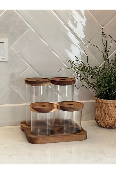 Sade Hediye Set of 4 Glass Jars with Acacia Stand