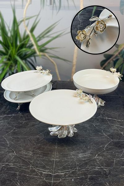 MAY HOME 4 Pieces of Turquoise Porcelain Metal Legs Presentation Serving Set & Plate Bowl Appetizer Boat Set