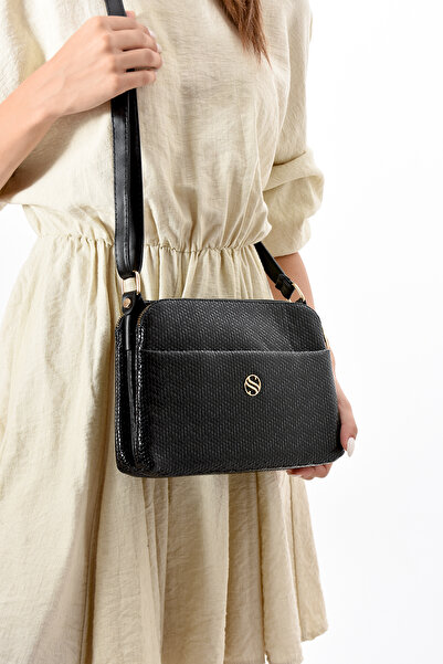 Morpelikan Women's Black Drop Shoulder Bag with Adjustable Cross Strap, 4 Compartments and Metal Zipper