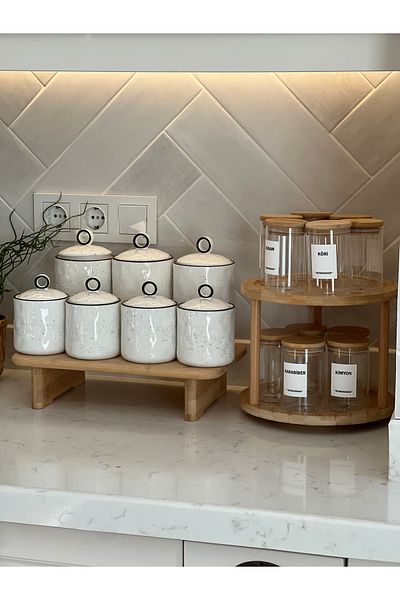 Sade Hediye 3-Piece and 4-Piece Porcelain Vacuum Lid Spice Rack Set - Bamboo Stands/12-Piece Rotating Stands Bamboo Spice Rack