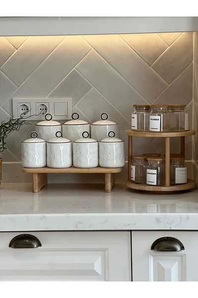 Sade Hediye Large/Small Porcelain Spice Rack Set of 3 and 4 - Rotating Spice Rack with Vacuum Lid