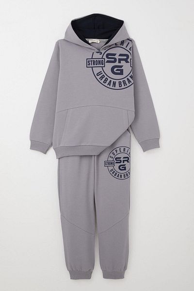 Breeze 6-12 Years Old Boys' Gray Tracksuit Set - Printed Kangaroo Pocket