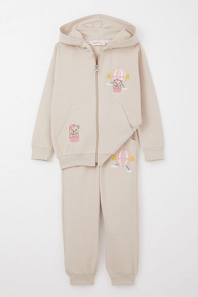 Breeze 1.5-5 Years Old Girls Tracksuit Set - Beige with Flying Balloons and Embroidery