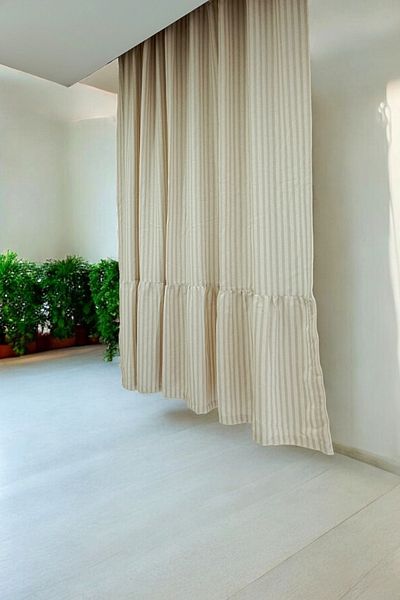 MZN Home 100% Cotton Milk Coffee Stripe Hemline Ruffled Linen Curtain (En X Size) - Single Sash