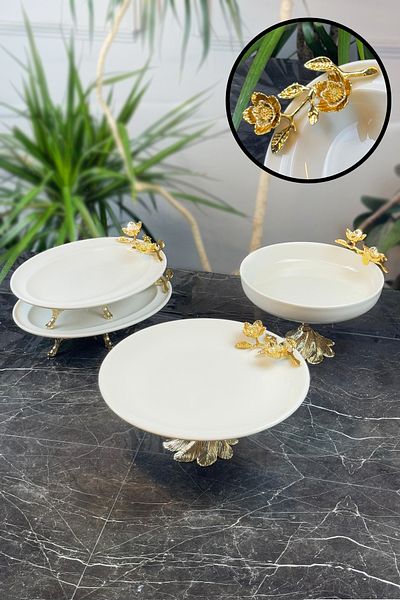 MAY HOME 4 Pieces of Turquoise Porcelain Metal Legs Presentation Serving Set & Plate Bowl Appetizer Boat Set