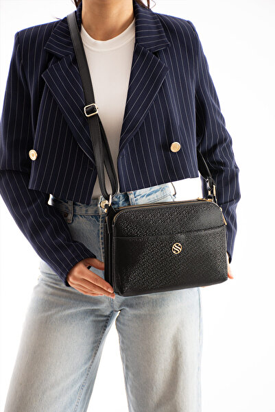 Morpelikan Women's Black Mosaic Shoulder Bag with Adjustable Cross Strap, 4 Compartments and Metal Zipper