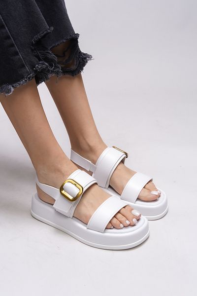 Riccon Yiendrae White Skin Buckle Women's Sandals - 0012785