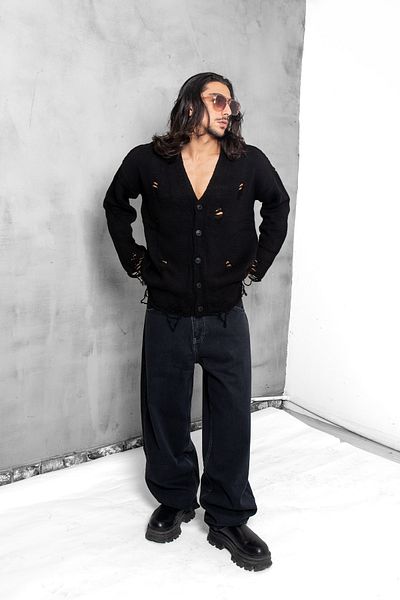 Sokak Butik Μαύρη ζακέτα Oversize Premium με λαιμόκοψη V με λεπτομέρεια