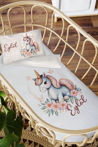 Homamia isme Özel Anne Yanı 60x100 Beşik Uyku Nevresim Takımı Çiçekli Unicorn