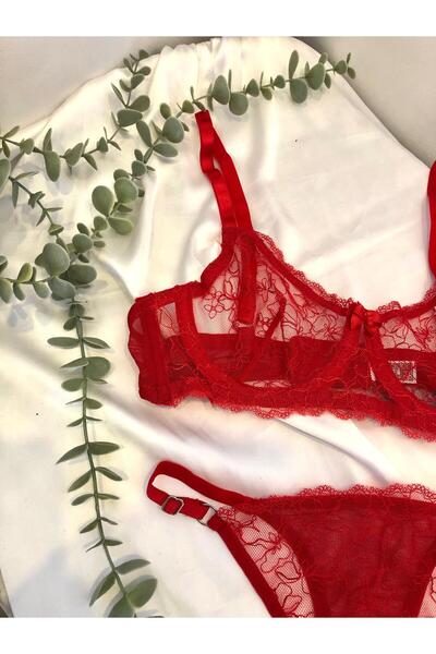 dorsha Red Lace Transparent Sexy Bra and Thong Set