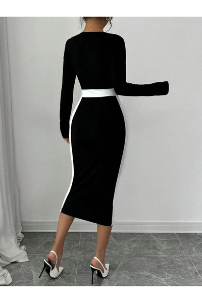 JANES Νέα σεζόν Γυναικείο μακρυμάνικο γιακά ανοιχτό Midi φόρεμα κρεπ εισαγωγής