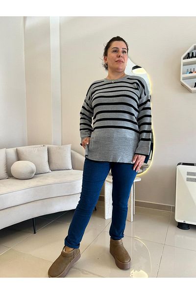 MJORA Pulover de tricotaj cu decolteu în dungi, cu fante confortabile