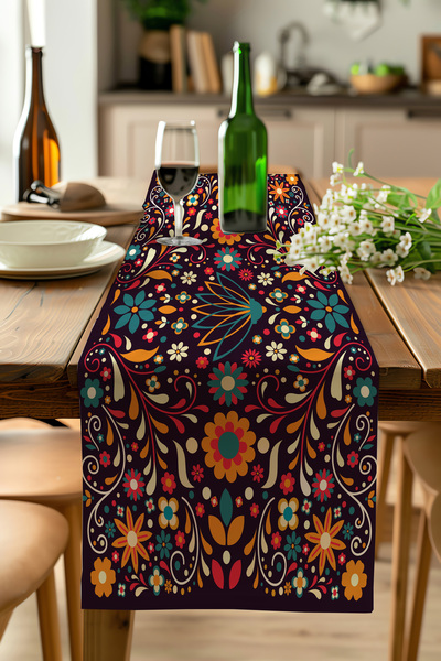 ALAMODECOR İşleme Punch Baskılı Çiçekli Masa Örtüsü Runner Etnik Bohem Desenl...