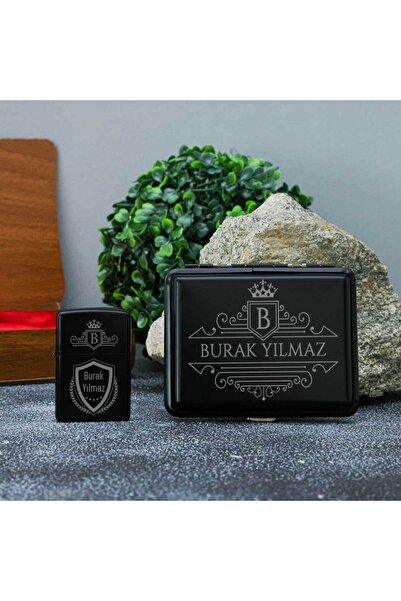 Ahşap Kutulu Tasarımlı İsme Özel Tabakası ve Çakmak Seti Siyah