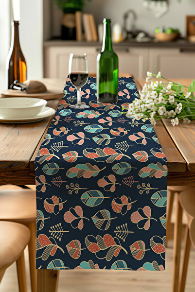 ALAMODECOR Μπλε ναυτικό χρώμα με μοτίβο από φύλλα λουλουδιών, τροπικό τραπεζο...
