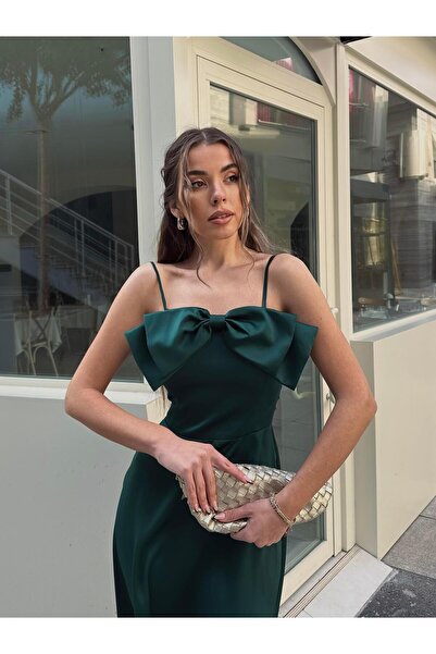 conconmoda Minel Kurdele Detay Askılı Midi Atlas Elbise