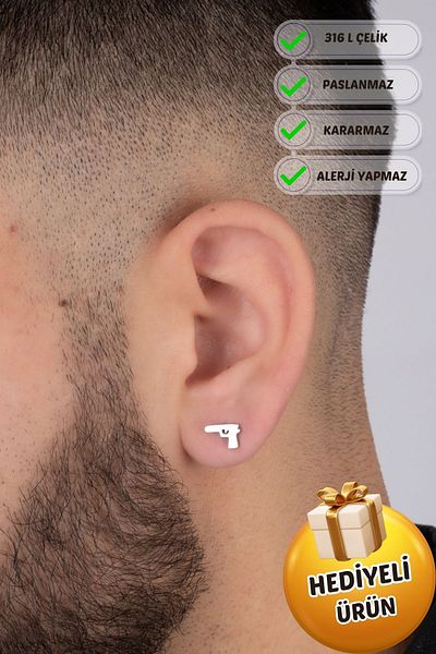Piercing Market Steel & Silver Men's Steel Special Design Earrings No Darkening Fading