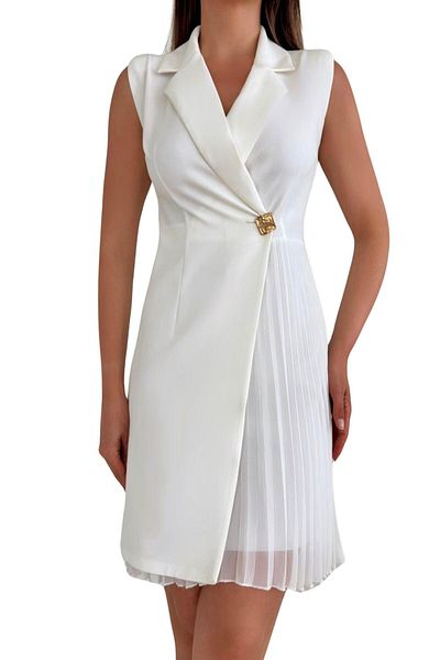 Moda Amore Rochie de seară pentru femei - Guler dublu, cu nasturi și pliuri, fără mâneci 017Y