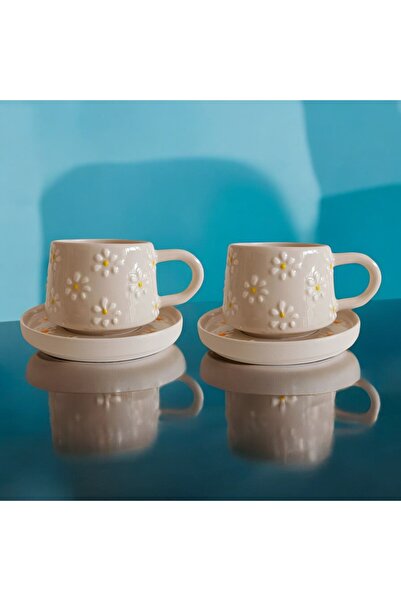 İlbay Çini Takı 2 Kişilik Tabaklı Seramik El Işi Çayır Papatya Desenli Kupa B...