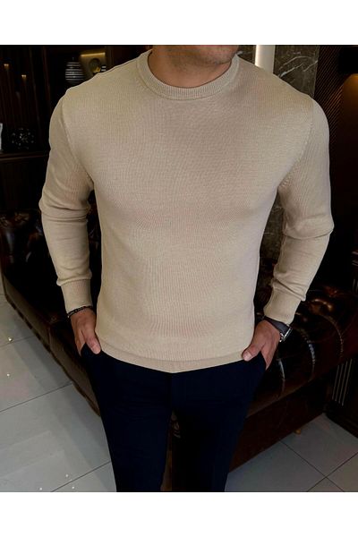 TerziAdemAltun Italian Style Slim Fit Men's Crew Neck Knitwear Sweater Camel T13133